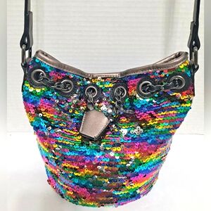 Rainbow Multicolor Sequin Crossbody Bucket Bag Chain Drawstring Hippy Colorful